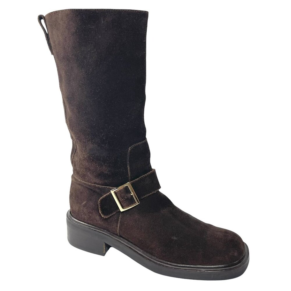 Vintage GUCCI Dark Brown Suede Buckle Mid Calf Boots Womens 36.5 6.5 B